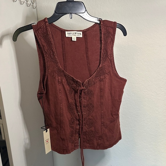 Idyllwind Tops - Idyllwind Embroidered Lace-Up Corset style Tank Top - Rust Brown NWT